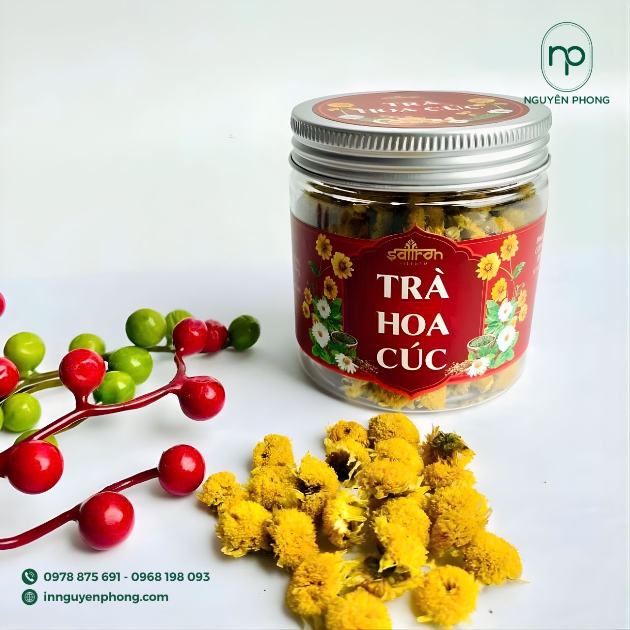 Mẫu tem dán cao cấp dán thân hộp dựng trà hoa cúc